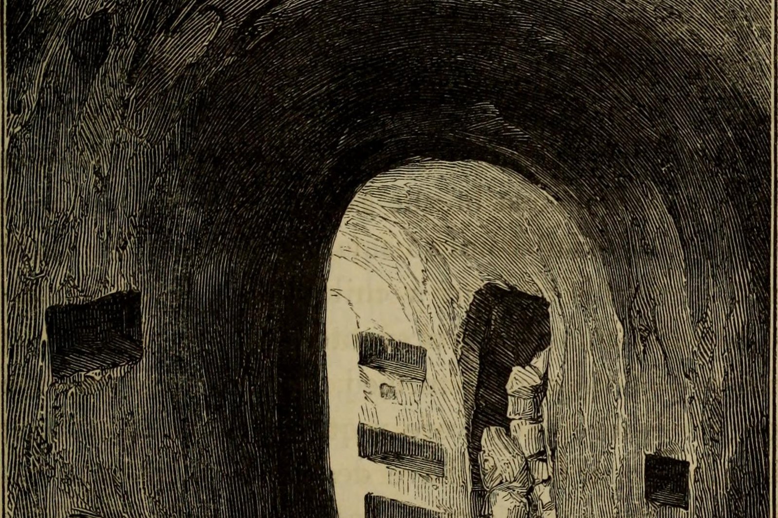 A 19th-century engraving of the ancient Roman catacombs, evoking the setting of the two martyrs' exile and death.