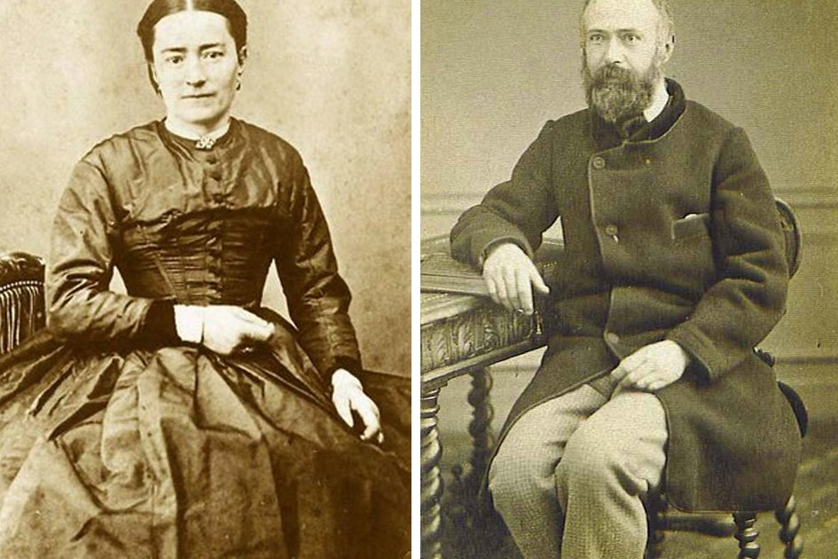 A black-and-white 19th-century photograph collage of a middle-aged French man with a beard and a woman in period dress, both formally dressed for a portrait.