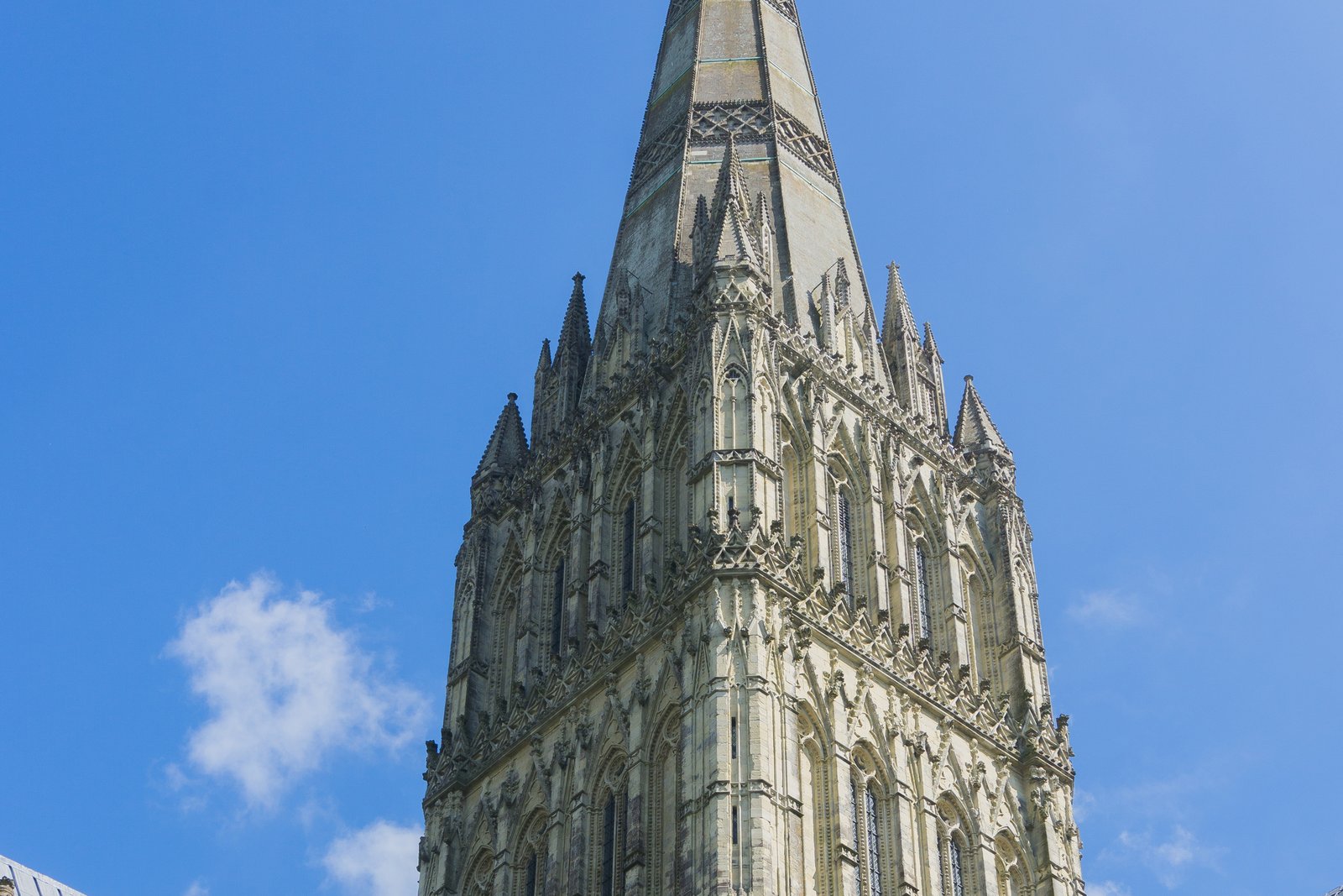 The soaring Gothic spire of Salisbury Cathedral rising above the cathedral close in Wiltshire, England