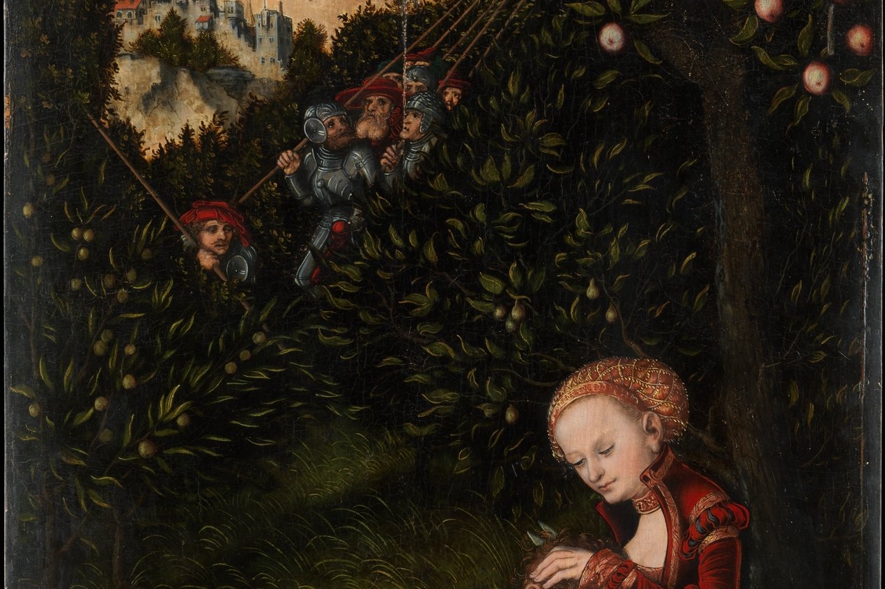 Samson asleep in Delilah's lap as she prepares to cut his hair, Renaissance painting