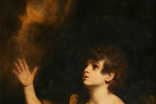 The boy Samuel kneeling in prayer as he is called by God in the night