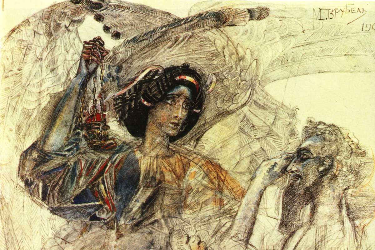 A watercolor by Mikhail Vrubel showing a six-winged seraph holding up a burning coal toward a bearded prophet's face.