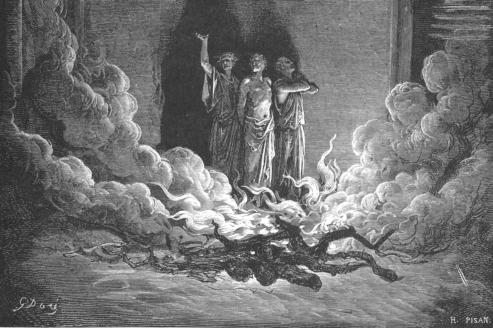 Sadrac, Mesac y Abednego caminando ilesos en el horno de fuego con una cuarta figura junto a ellos