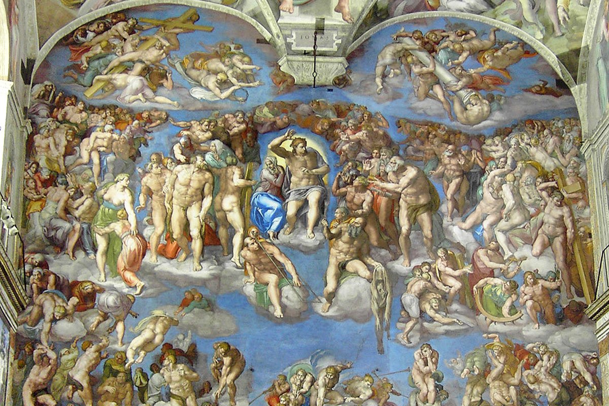 Michelangelo's Last Judgment fresco on the altar wall of the Sistine Chapel