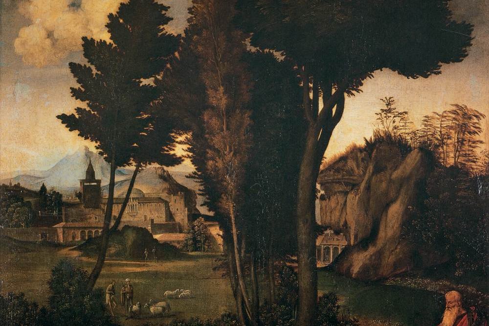 King Solomon seated on his throne ordering a sword be brought as two women argue over a living infant, painted by Giorgione
