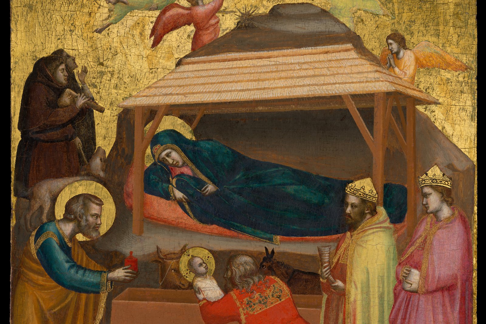 The three Magi kneeling before the infant Jesus, fresco by Giotto