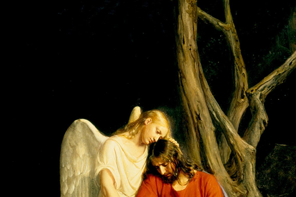 Gethsemane, painting by Carl Heinrich Bloch showing Jesus praying in agony before an angel