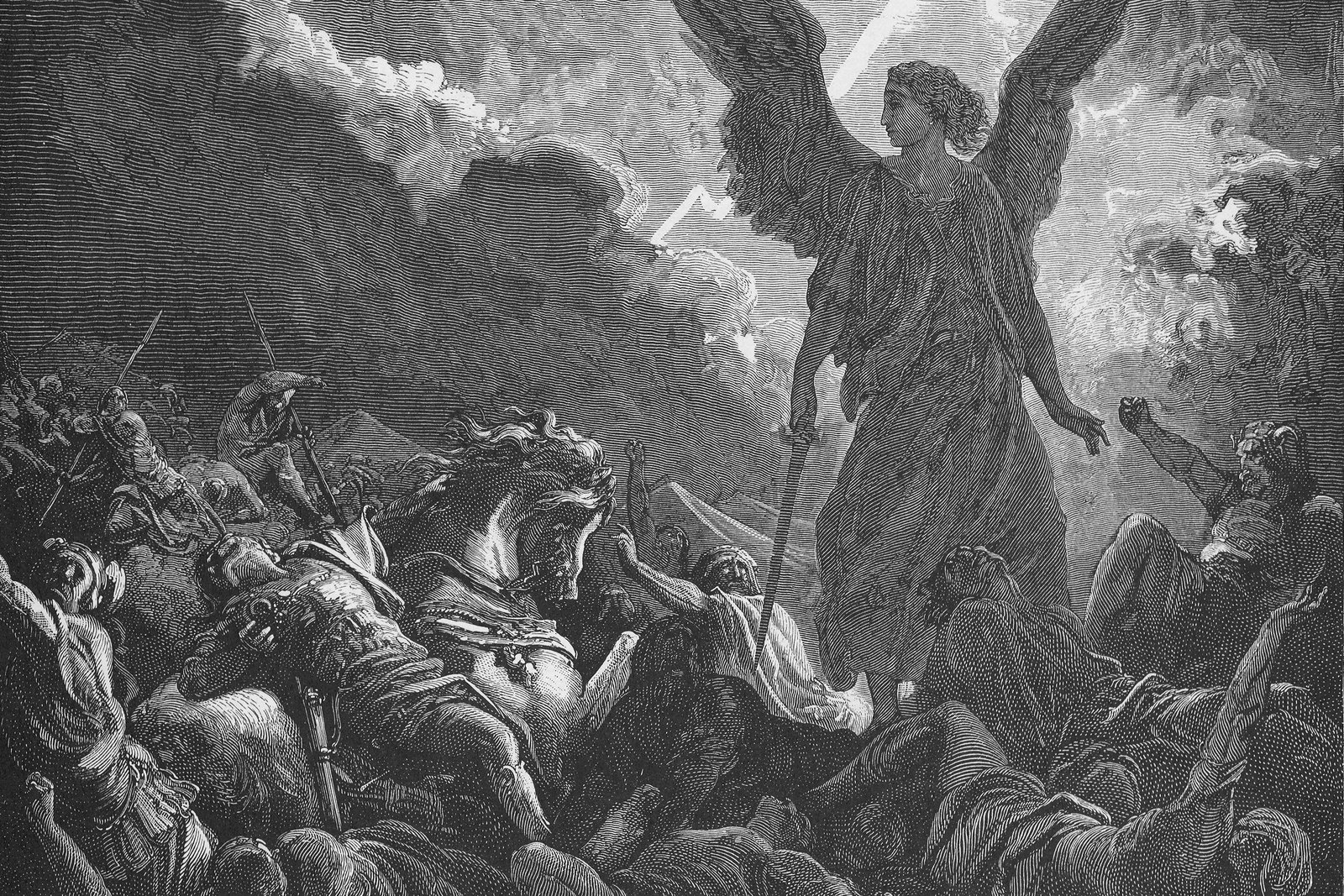 Dramatic 19th-century engraving of the Assyrian army lying dead in their camp outside Jerusalem, struck down overnight by the angel of the Lord.