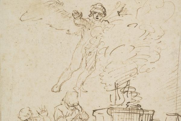 Manoah and his wife kneel before an altar as a winged angel figure rises upward in flame and smoke, in a dramatic Dutch Baroque painting.