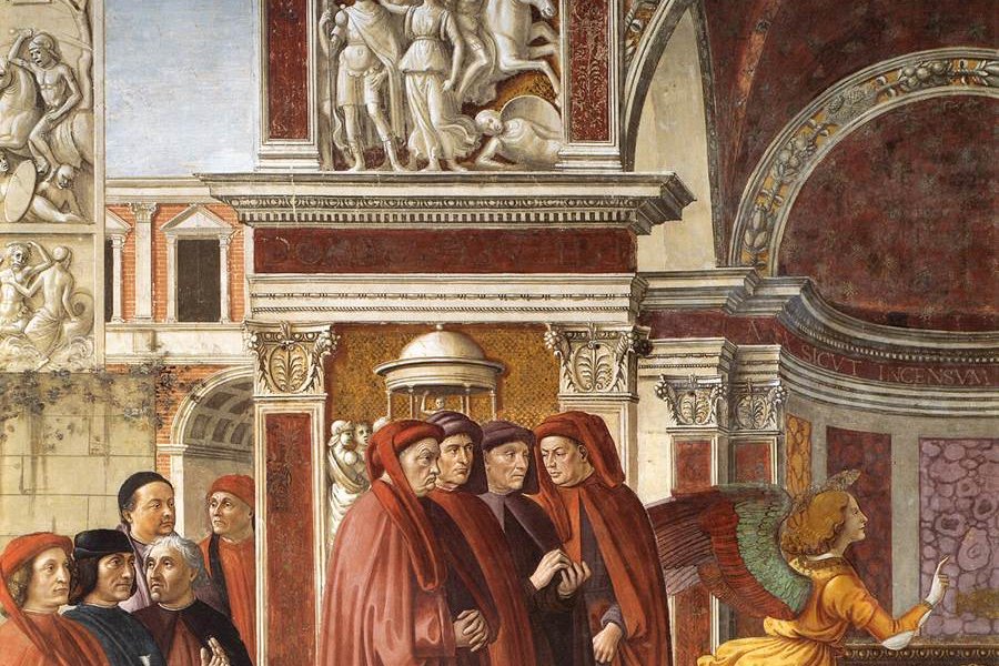 An elderly priest recoils in fear before a winged angel who appears beside the altar of incense, in a detail from a Florentine Renaissance fresco.