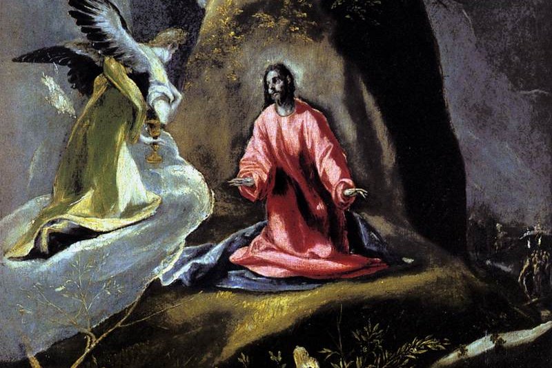 El Greco's painting of Christ praying in the Garden of Gethsemane as an angel appears before him, with the sleeping apostles nearby