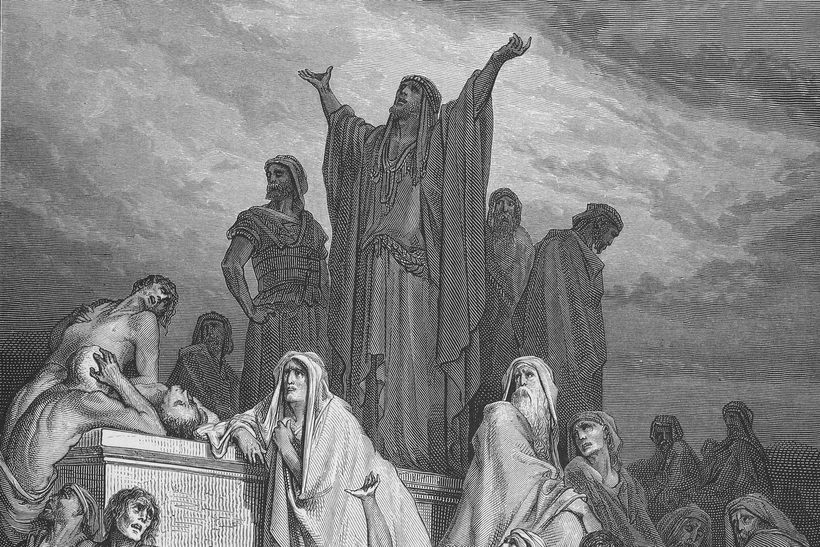 19th-century engraving of King David and the elders of Israel raising their hands toward heaven in prayer, surrounded by the plague-stricken people of Jerusalem.