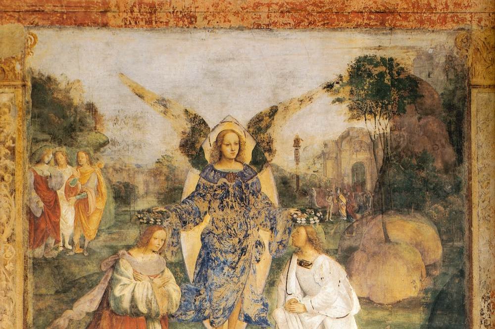 An angel places wreaths of flowers on the heads of a young couple in a Renaissance fresco depicting the legend of Saint Cecilia and Valerian.