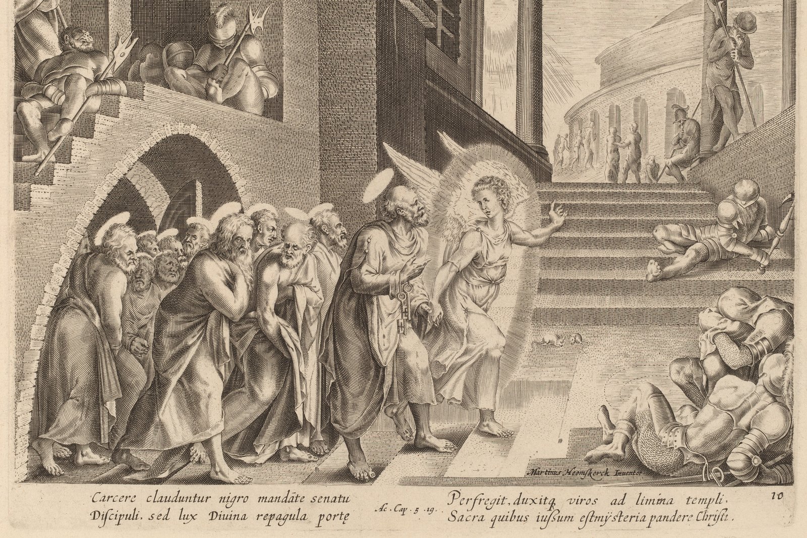16th-century engraving of an angel leading the apostles out through the prison's arched doorway at night, past soldiers who have fallen asleep on the steps outside.