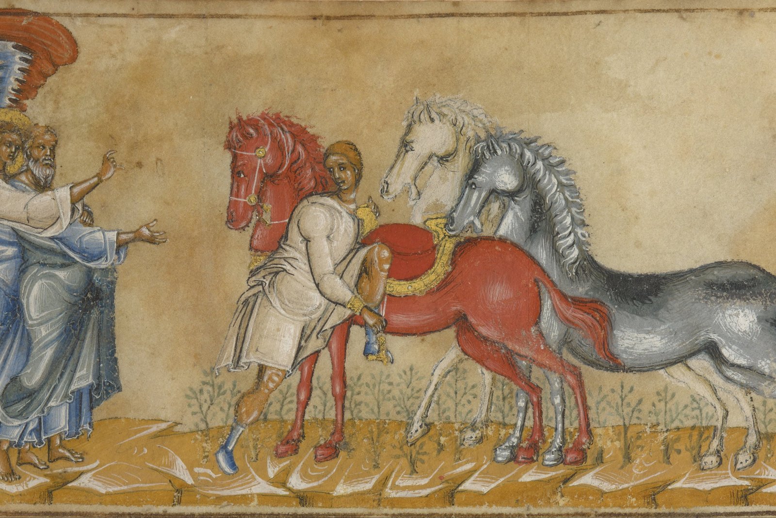 A medieval illuminated manuscript miniature showing the prophet Zechariah standing beside an angel, who points to a man mounting a red horse, part of Zechariah's first night vision.