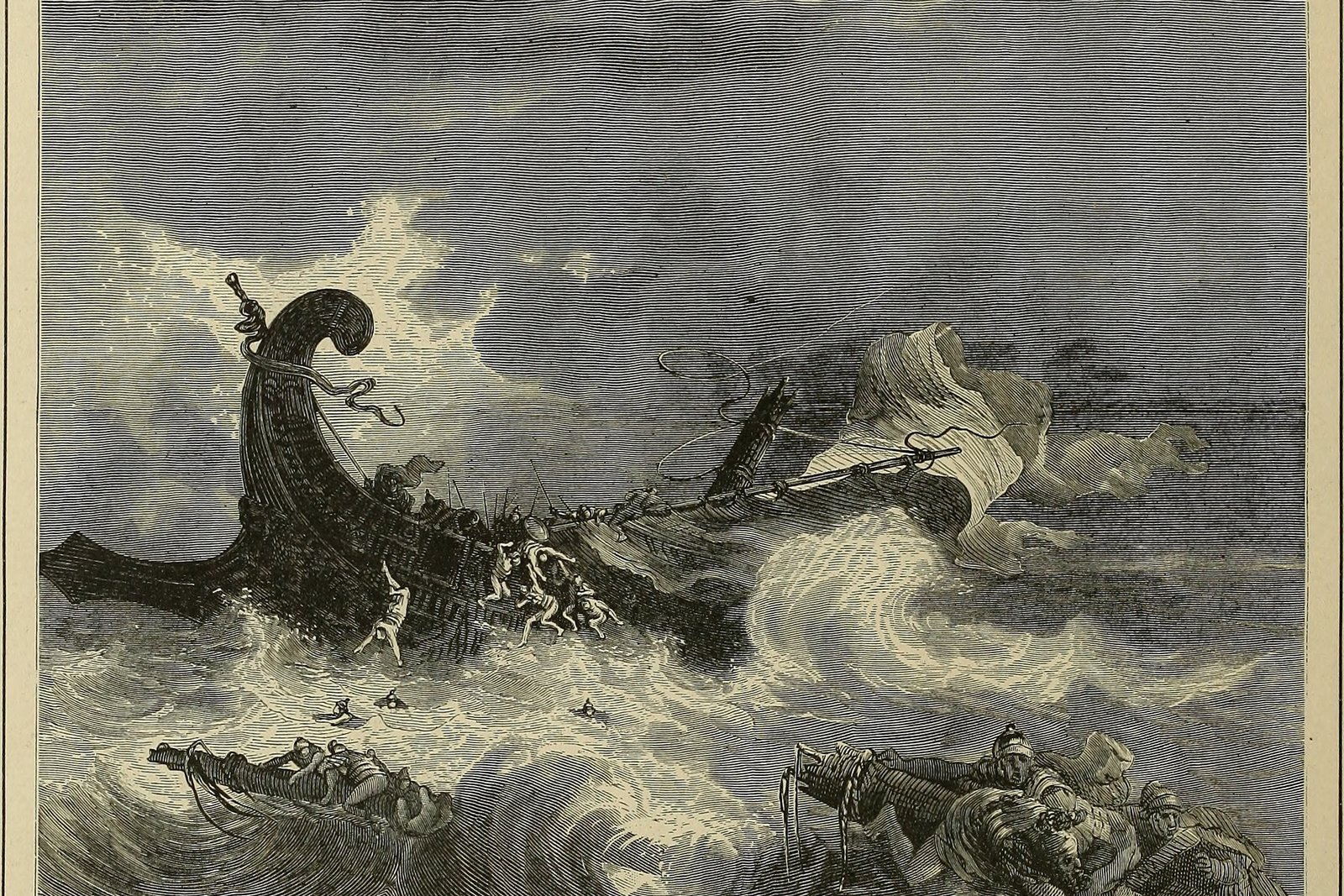 A 19th-century engraving of a ship breaking apart in a violent storm at sea, with sailors clinging to broken timbers amid towering waves.