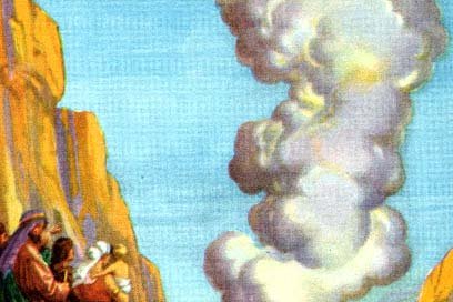 A colored illustration of the Israelites in a desert canyon, gazing up at a towering pillar of cloud rising over the valley as they journey with their flocks and camels.