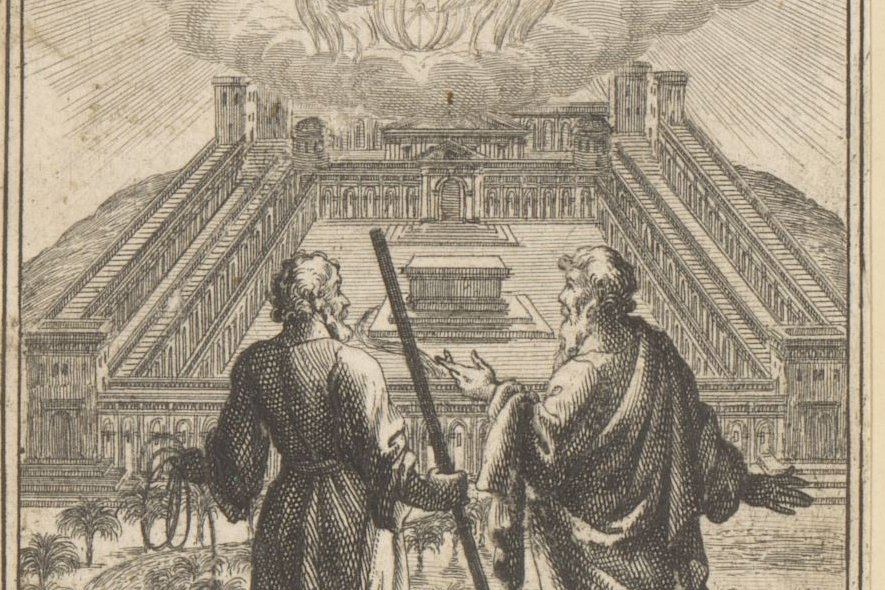 17th-century engraving of Ezekiel and the bronze-bright angelic guide holding a measuring reed, standing before the visionary temple of Ezekiel 40.