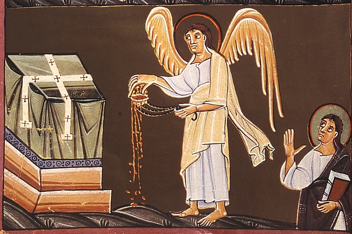 A medieval illuminated manuscript page showing a winged angel pouring incense from a censer onto an altar, beside a kneeling figure holding a book.