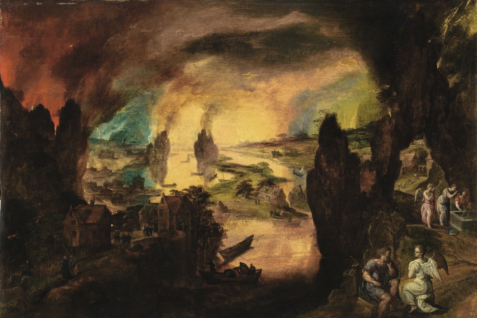 Two angelic figures lead a family away from a burning city in the distance, in a dramatic Flemish Renaissance painting.
