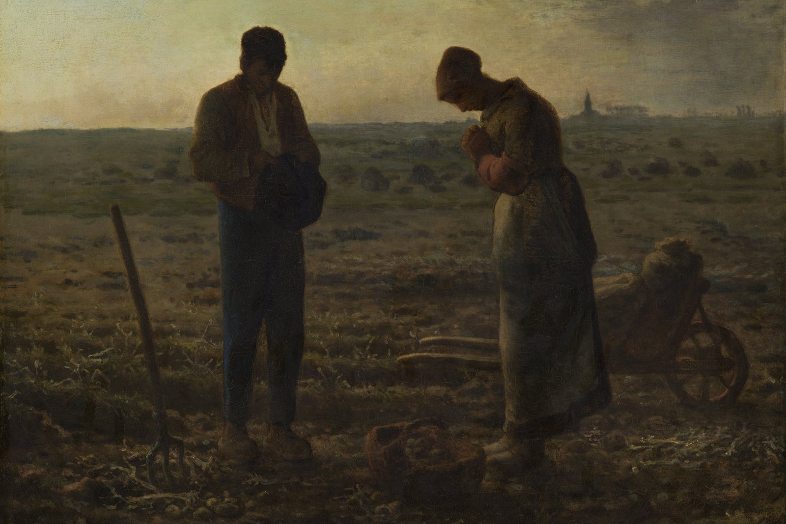 Jean-François Millet's painting of two peasants pausing in a field at dusk, heads bowed in prayer, with a distant church steeple on the horizon.