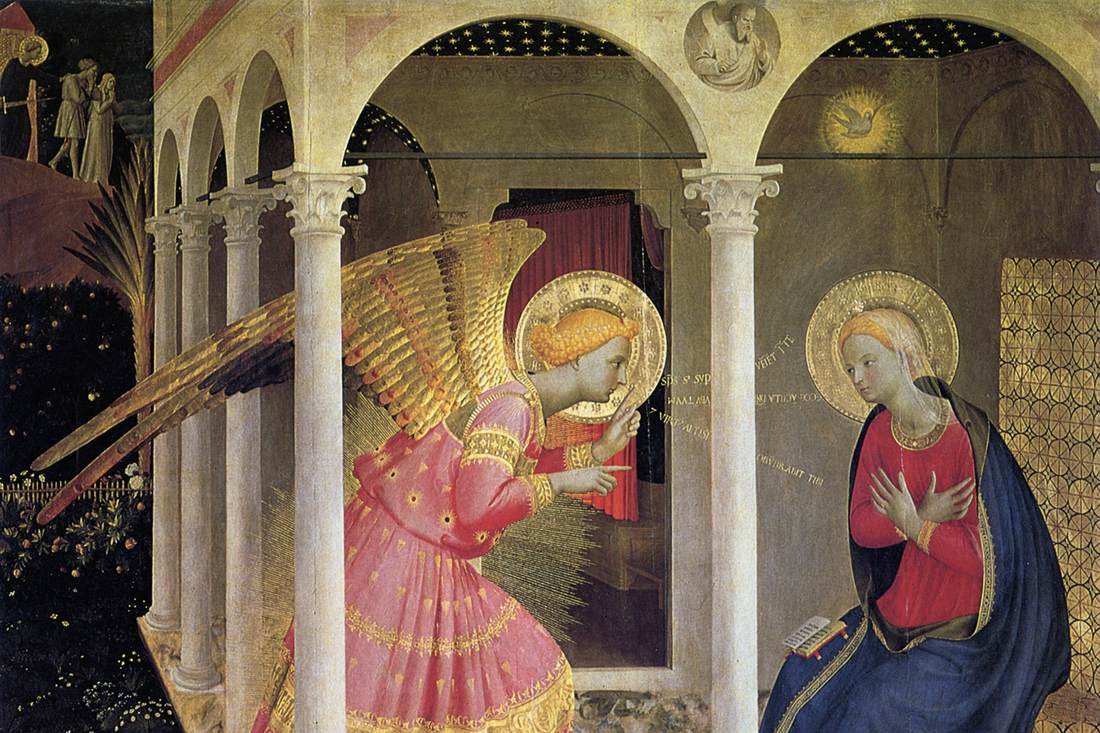 The Angel Gabriel kneeling before Mary in Fra Angelico's Annunciation