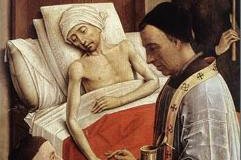 Un tableau du retable des Sept Sacrements de Rogier van der Weyden montrant un prêtre oignant un mourant sur son lit, entouré d'une famille en deuil.