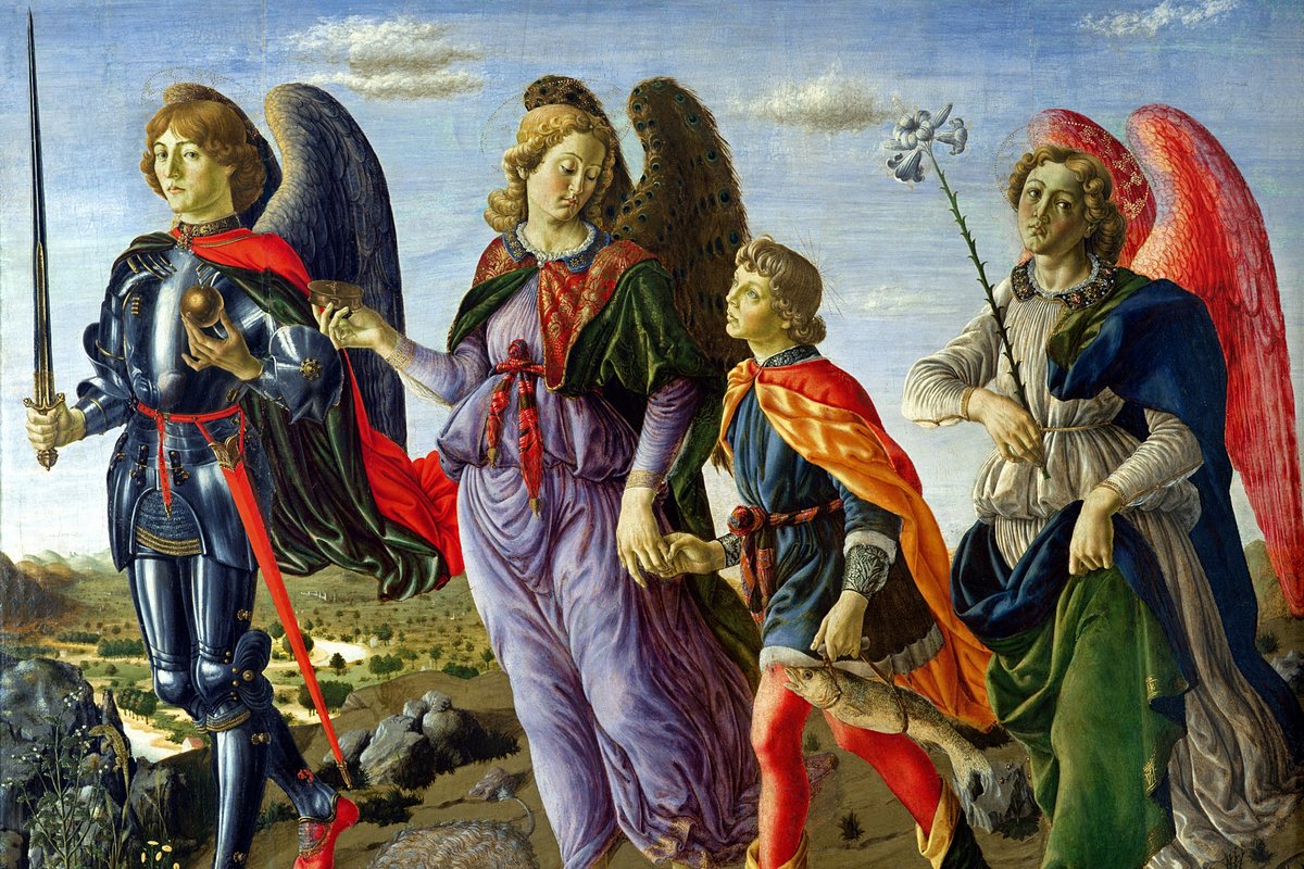A Renaissance painting by Francesco Botticini showing the archangels Michael, Gabriel, and Raphael walking together with the young Tobias.