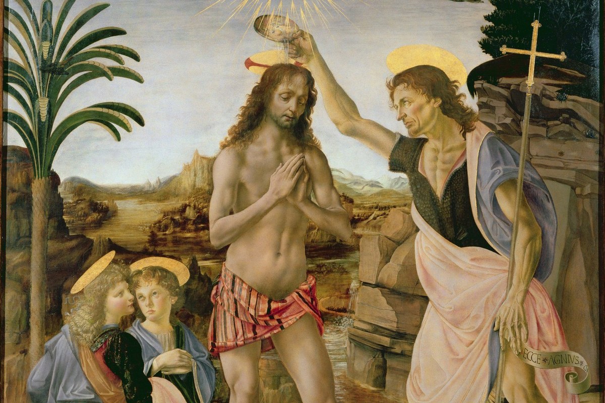 A Renaissance painting of Jesus standing in the Jordan River with hands folded in prayer, as John the Baptist pours water over his head and a dove descends from above.