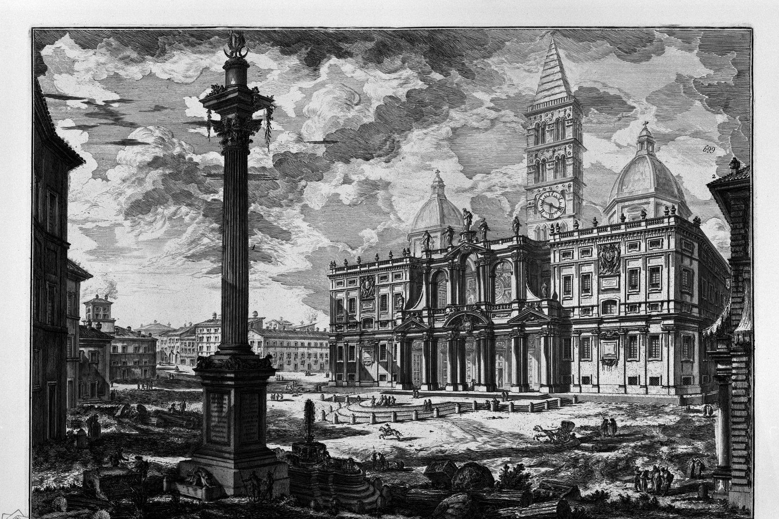 An 18th-century engraving of the facade and piazza of the Basilica of Saint Mary Major in Rome.