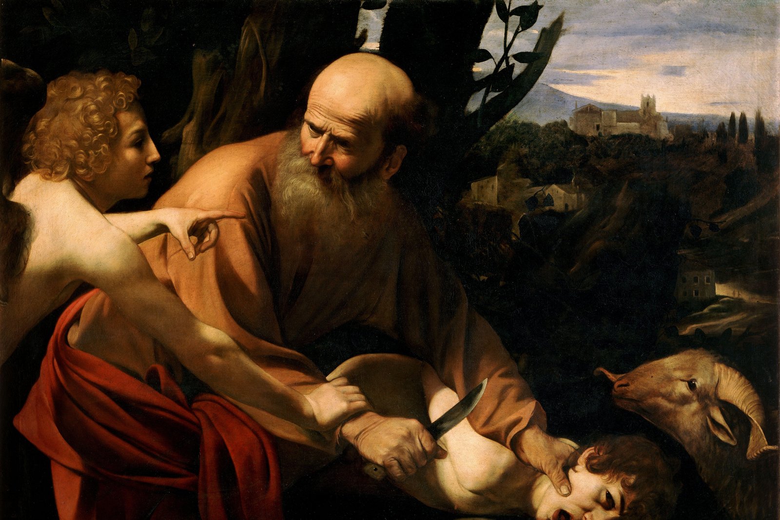 Abraham about to sacrifice Isaac as an angel stays his hand, Baroque painting