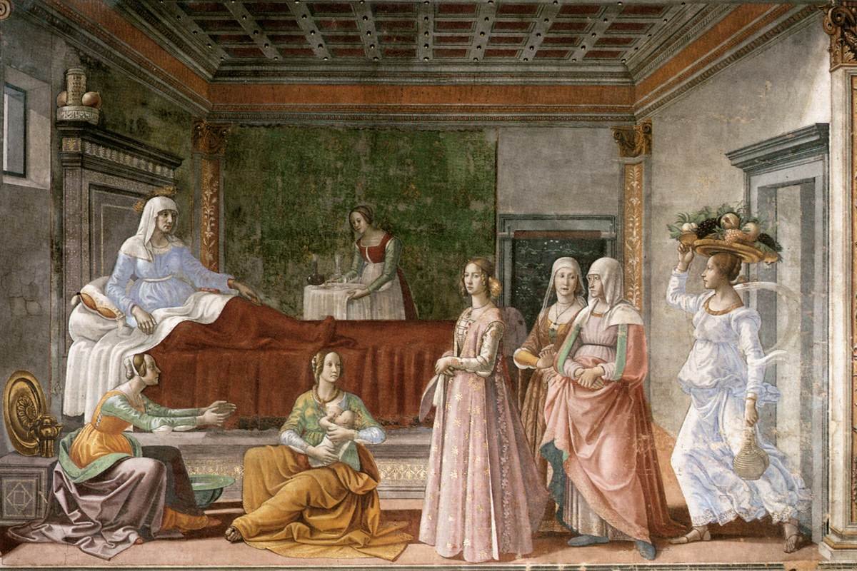 The birth chamber of Saint John the Baptist with attendants and Elizabeth in bed, fresco by Domenico Ghirlandaio