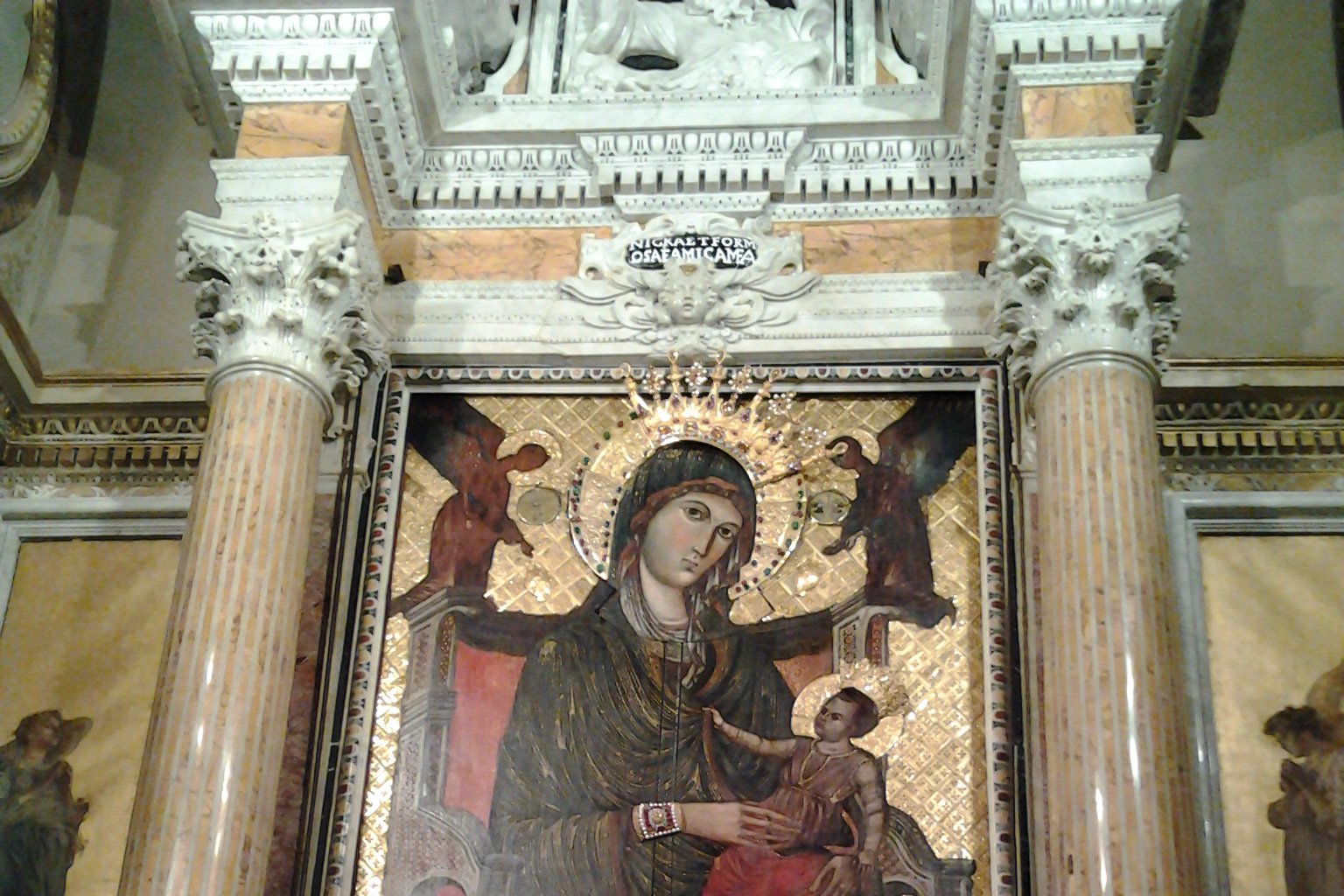 The icon of the Black Madonna of Montevergine, also known as Mamma Schiavona, showing the Virgin and Child in dark Byzantine-style tones with golden crowns