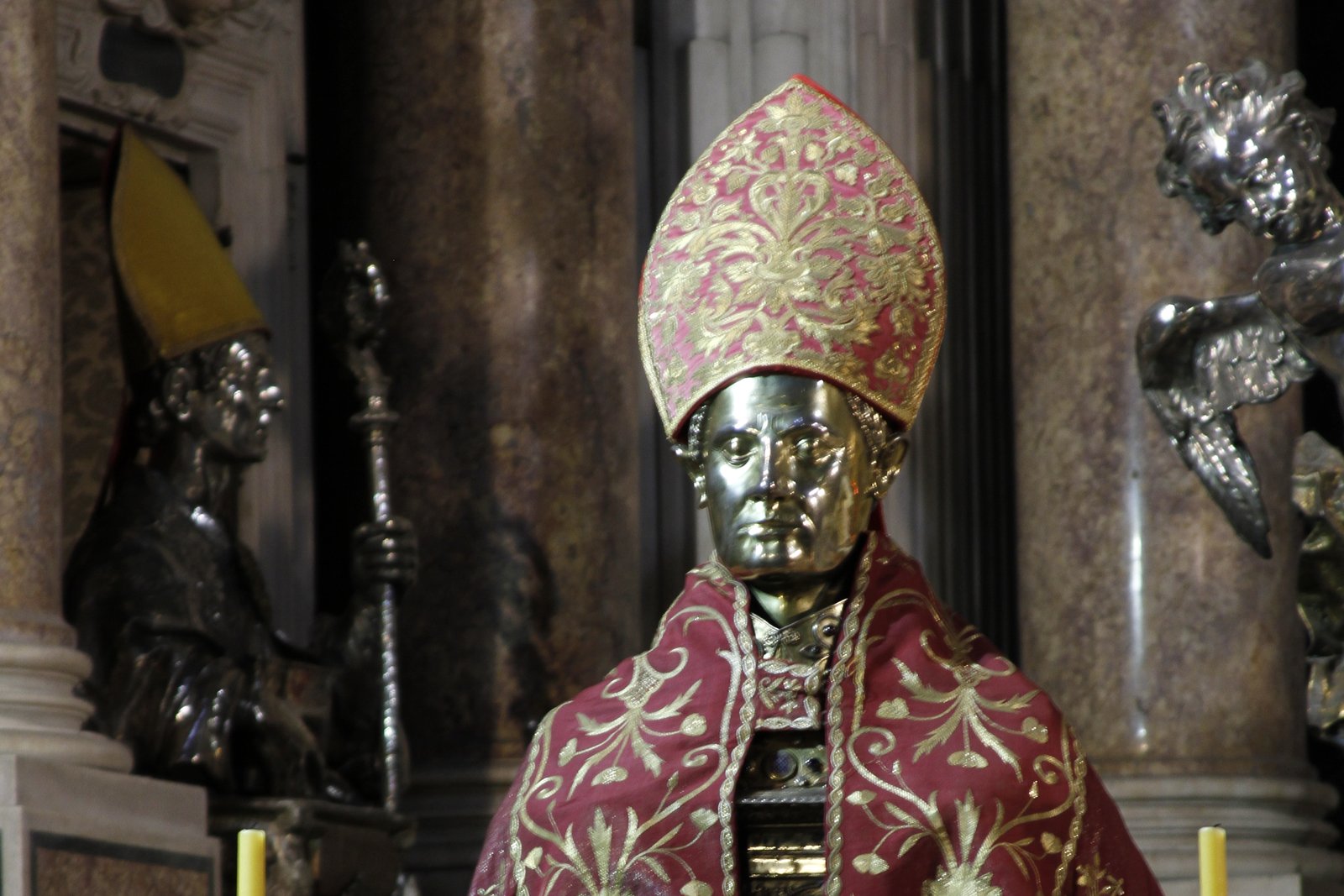 The silver reliquary bust of Saint Januarius, wearing a bishop's mitre, in the Chapel of the Treasury of Naples Cathedral