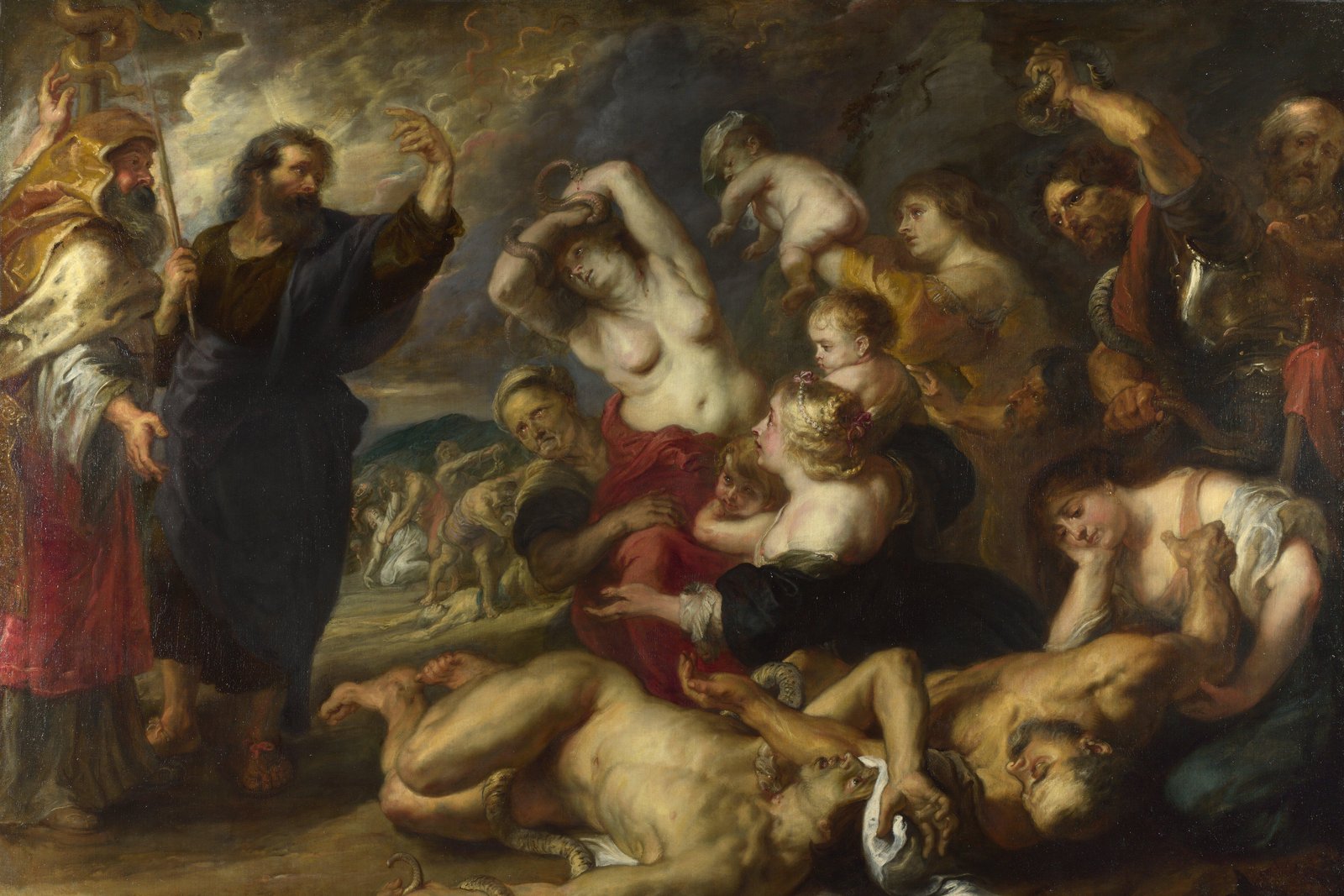 Moses lifting the bronze serpent on a pole above a crowd of stricken Israelites in the desert