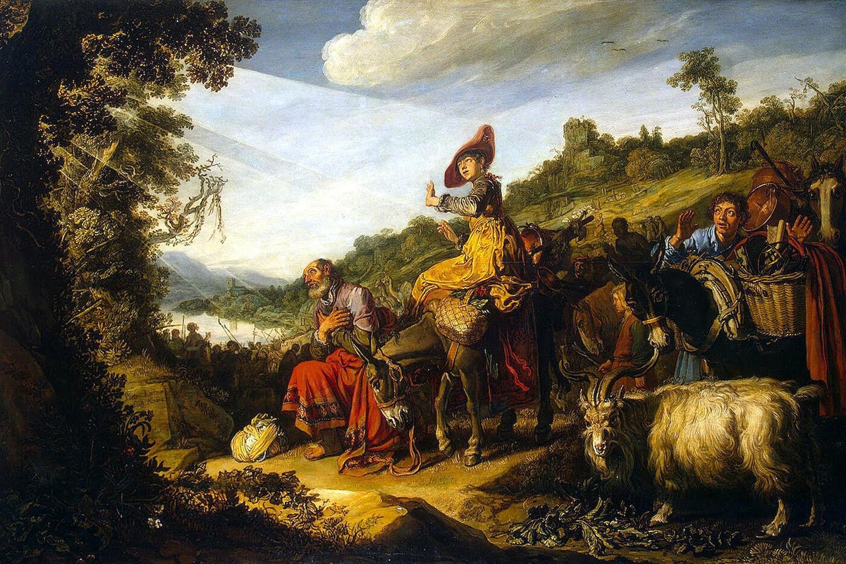 Gemälde aus dem 17. Jahrhundert von Abraham und seiner Familie, die auf Eseln zum Land Kanaan aufbrechen, begleitet von Dienern und Vieh.