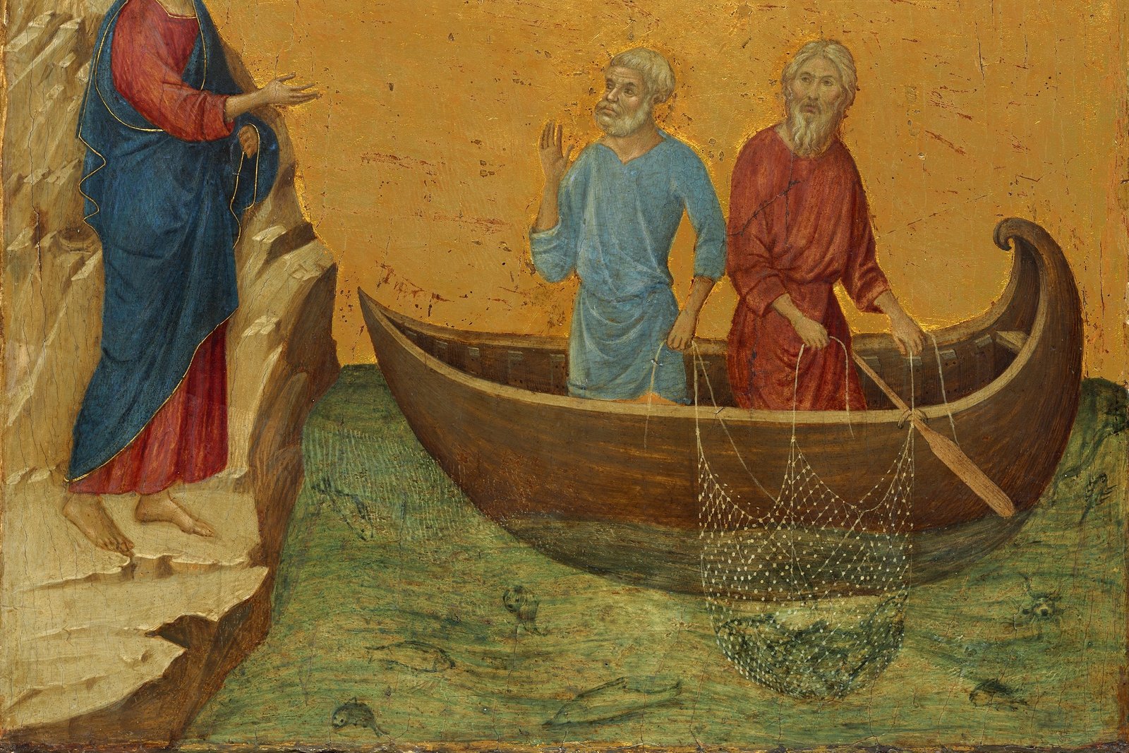 Jesus calling Peter and Andrew from their fishing nets by the Sea of Galilee