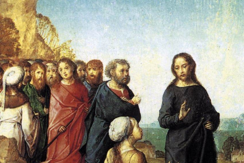 A Canaanite woman kneeling before Christ pleading for her daughter, painting by Juan de Flandes