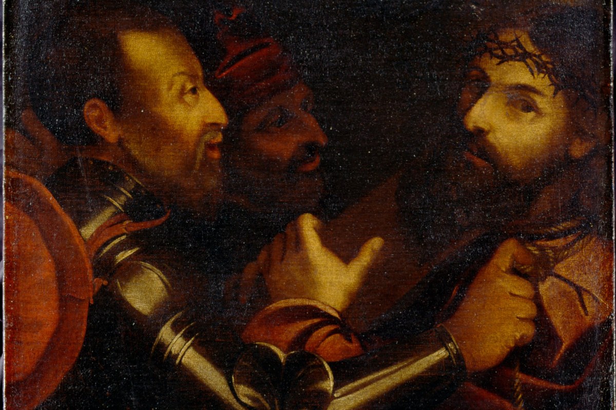 A somber baroque painting of Christ wearing a crown of thorns, flanked by two other figures in a dimly lit composition.
