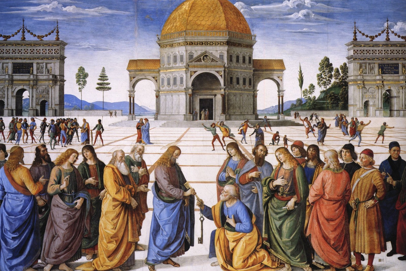 Christ handing the keys to a kneeling Saint Peter before a crowd of apostles, from Pietro Perugino's Delivery of the Keys fresco