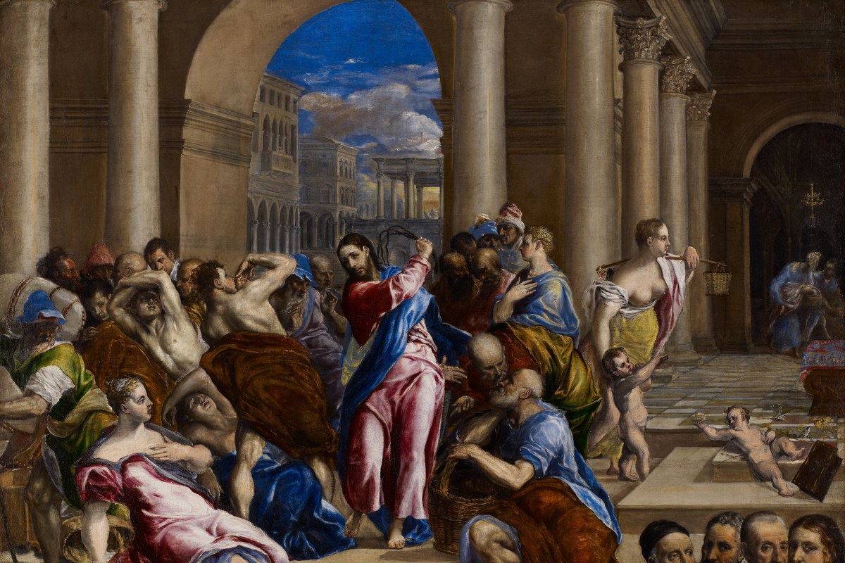 A dramatic painting of Jesus raising a whip of cords amid a crowd of fleeing merchants inside a grand columned temple courtyard.