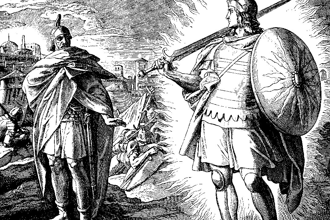 A 19th-century woodcut engraving of an armed heavenly commander with drawn sword and shield standing before a walled city, with a warrior figure beside him.