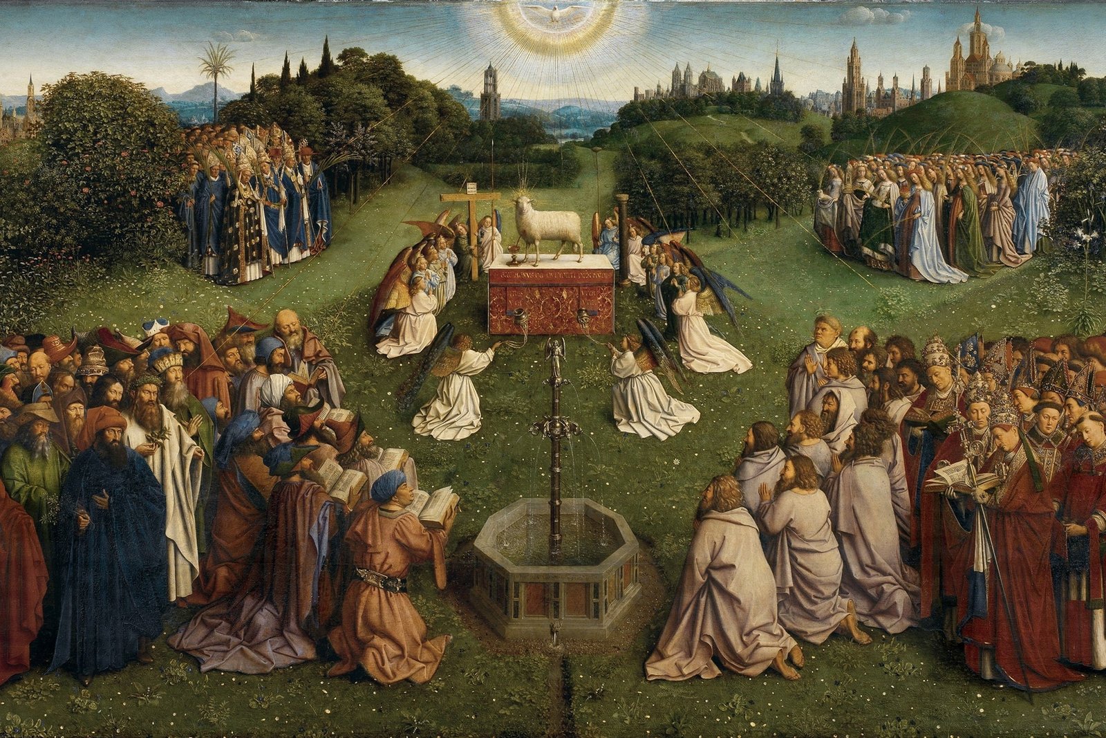 Filas de profetas, apóstoles, mártires y santas vírgenes se arrodillan juntos en adoración del Cordero místico, en el panel del retablo de Van Eyck.
