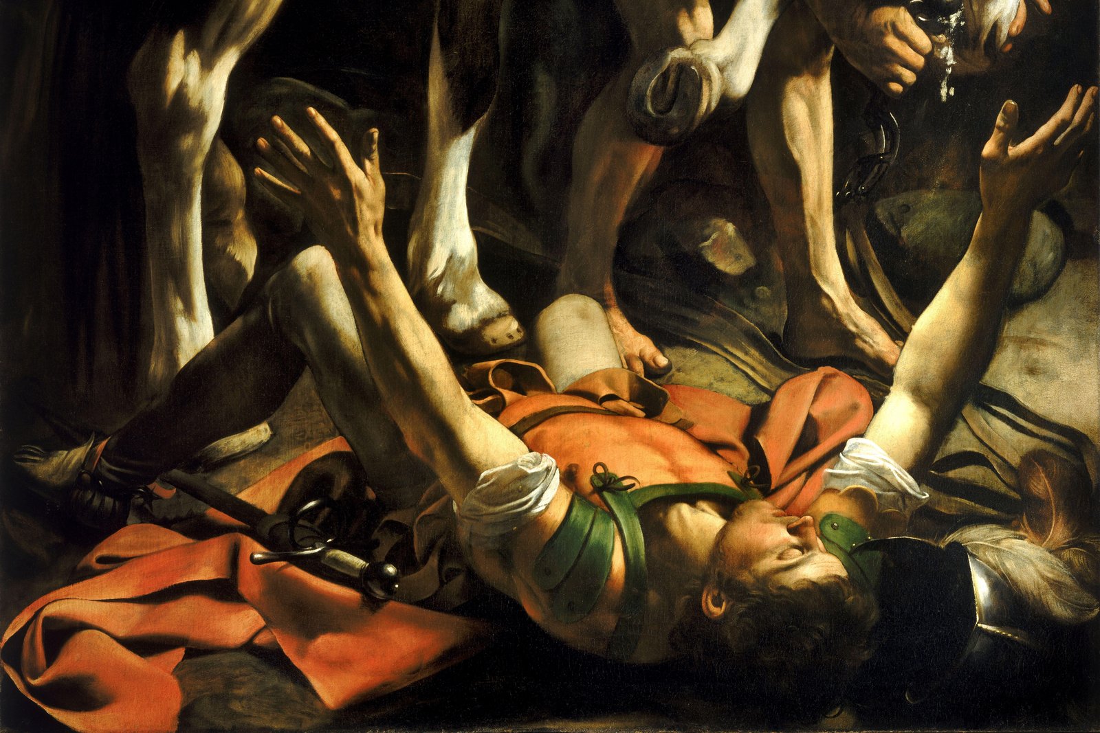 Saul thrown from his horse and struck blind by a heavenly light on the road to Damascus, from Caravaggio's Conversion on the Way to Damascus