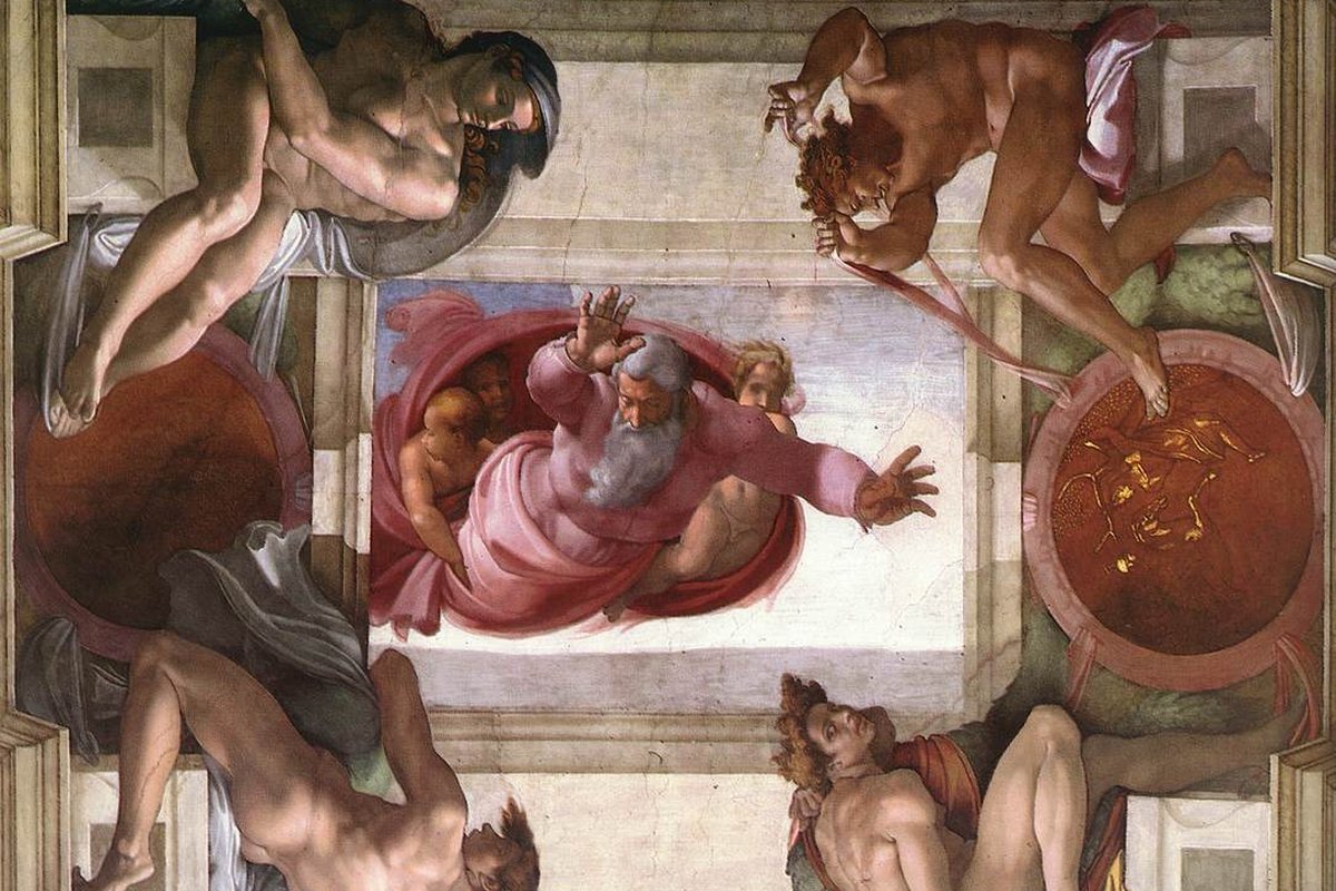 God separating the waters and dividing the earth, fresco by Michelangelo on the Sistine Chapel ceiling