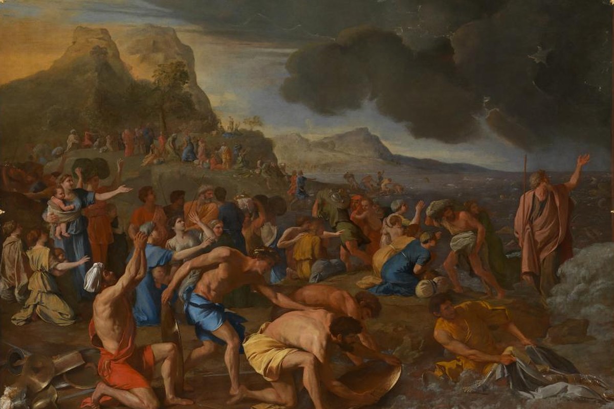 Barockes Gemälde der Israeliten, die am Ufer nach dem Durchzug durch das geteilte Rote Meer Habseligkeiten und Rüstungen sammeln, während Mose am Wasser steht.