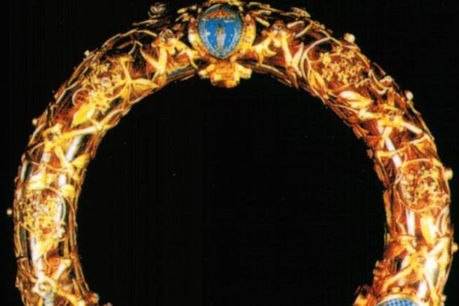 The Crown of Thorns relic of Notre-Dame Cathedral, Paris, displayed in its gold, crystal, and glass ring-shaped reliquary