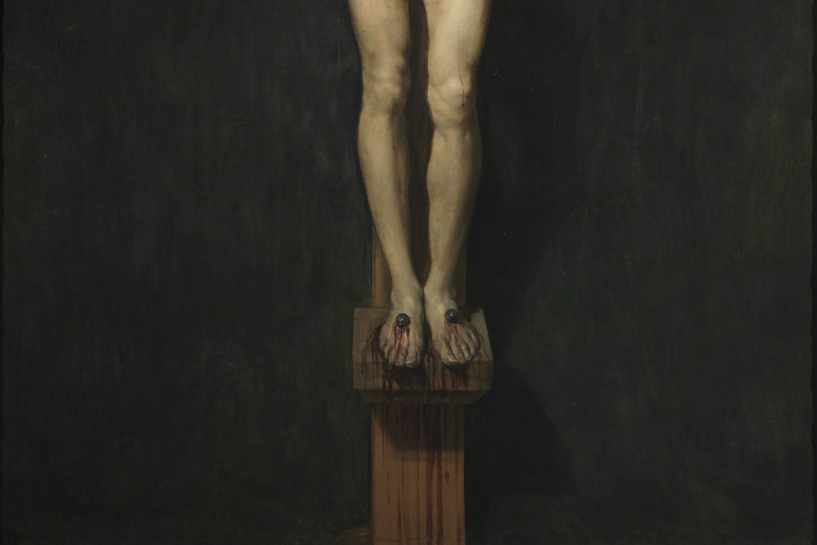 A dark, somber painting of Jesus Christ crucified on the cross, his head bowed, against a black background.