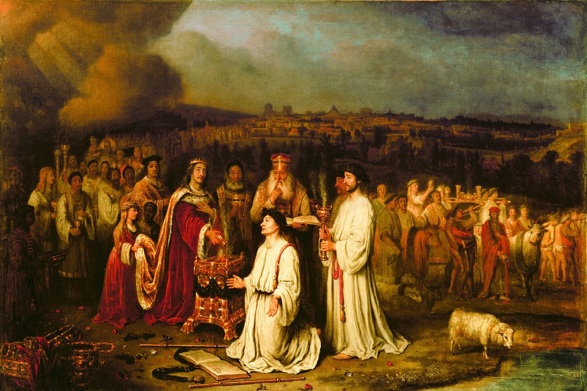 A grand painting of a robed king kneeling before an ornate altar, surrounded by priests and a crowd, with a walled city visible in the background.