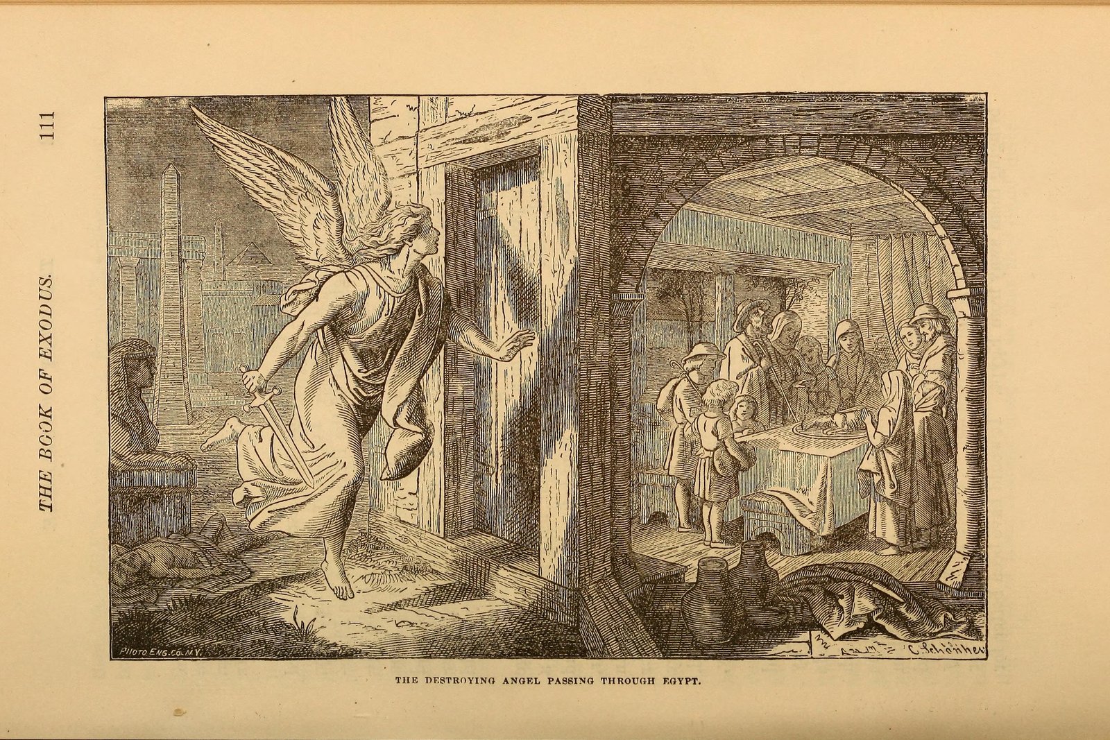 Una ilustración del ángel exterminador pasando sobre Egipto la noche de la primera Pascua, de una Biblia infantil del siglo XIX